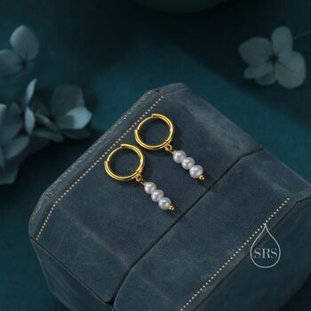 Genuine Freshwater Pearl Trio Huggie Hoop Earrings In Sterling Silver, 4 of 11
