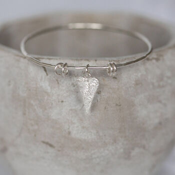 Sterling Silver Textured Long Heart Charm Bangle, 3 of 6