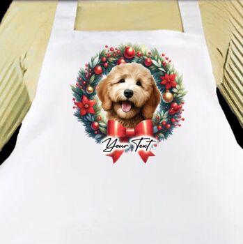 Dog Christmas Wreath Personalised Apron. Multiple Breeds And Colour Options, 12 of 12