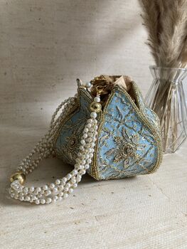 Light Blue Handcrafted Raw Silk Potli Bag/Wrist Bag, 2 of 9