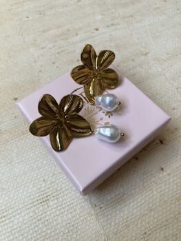 Gold Flower Pearl Drop Earrings, 6 of 6
