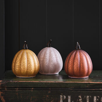 Set Of Three Autumnal Light Up LED Glass Pumpkins, 5 of 6