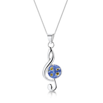 Sterling Silver Treble Clef Pendant With Real Flowers Four Flower Options, 4 of 11