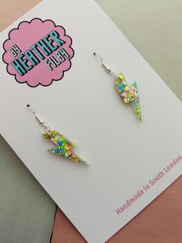 Small Light Green Glitter Lightning Bolt Earrings / Electric Green Jewellery Small Mint Statement / Pastel Flash Gift, 4 of 6