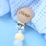 Personalised Dummy Clip / Green, Blue And Cream, thumbnail 2 of 3