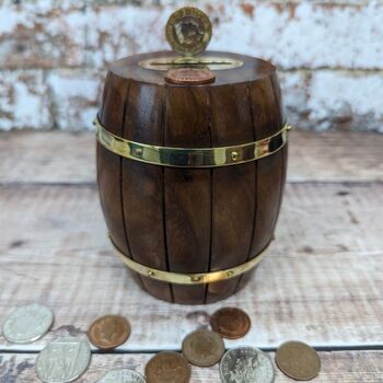 Wooden Birthday Gift; Small Wooden Whiskey Barrel Money Box, 2 of 6