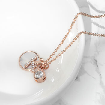 Rose Gold Initial Necklace With Pearl + Crystal Charms, 3 of 8