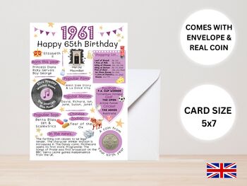 65th Birthday Card With 1961 Coin And Envelope Choose Your Colour, 3 of 3