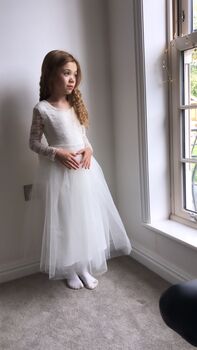 Long Sleeve Flower Girl Dress – Pearl Buttons And Tulle Skirt Ankle Length, Handmade UK, 8 of 8