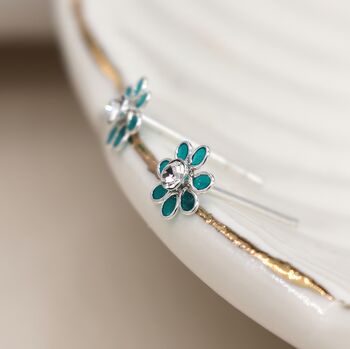 Tiny Sterling Silver Teal Forget Me Not Flower Stud Earrings, 4 of 7