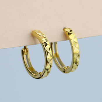 14k Gold Colour Sterling Silver Faceted Hoop Earrings, 2 of 5