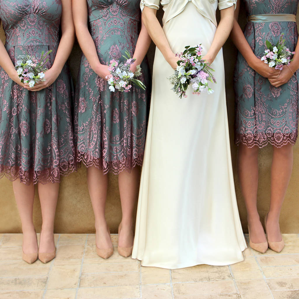 Bespoke Lace Bridesmaids Dresses In Pink And Aqua, 1 of 9