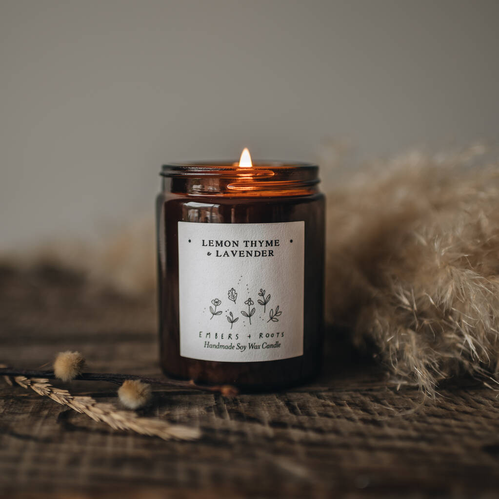 Lemon Thyme And Lavender Soy Wax Candle By Embers & Roots