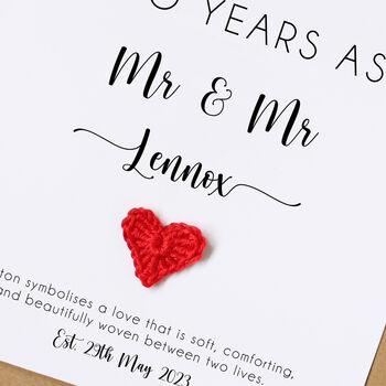 Personalised 2nd Anniversary Card With Cotton Heart, 8 of 8