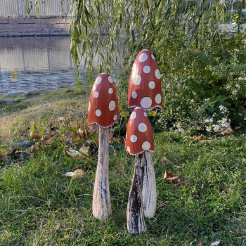 Set Of Three Wooden Red Mushrooms For Garden, 10 of 10