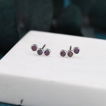 Sterling Silver Tiny Black Opal Trio Stud Earrings, 2 of 12