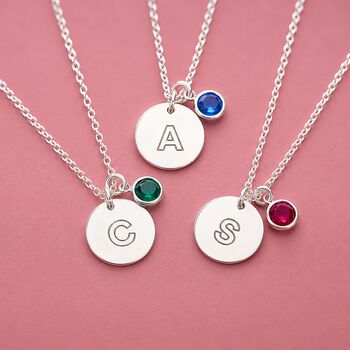 Silver Plated Modern Initial Birthstone Disc Necklace, 2 of 7