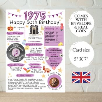 50th Birthday Card With 1975 Coin And Envelope Choose Your Colour, 3 of 3