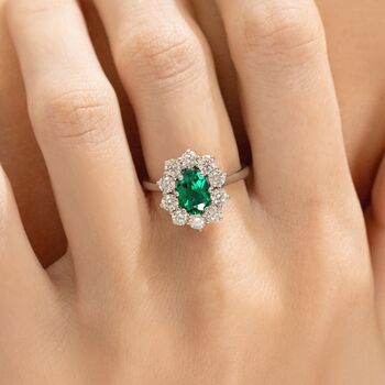 Emerald Halo Engagement Ring In Sterling Silver And Gold, 2 of 12