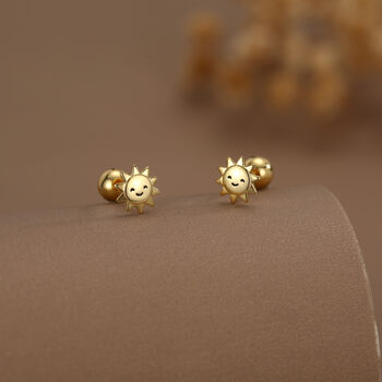 Sterling Silver Cute Sun 18 G Screw Back Stud Earrings With Ball Backs, 3 of 11