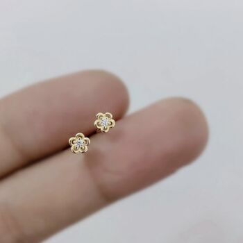 Sterling Silver Tiny Crystal Detail Flower Stud Earrings, 2 of 5