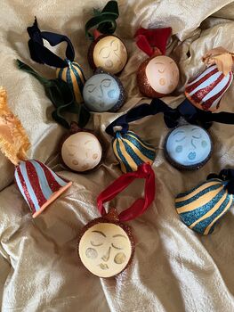 Stripped Hand Painted Ceramic Bell Bauble In Golden Yellow With Sparkly Turquoise Detail, 7 of 10