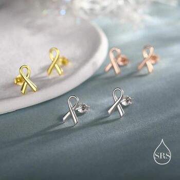 Sterling Silver Pink Ribbon Stud Earrings, 5 of 12