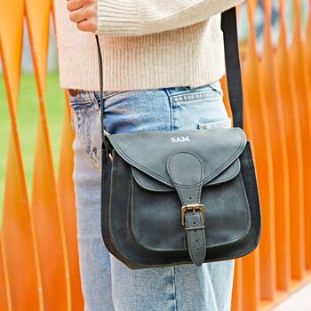 Personalised Black Buffalo Leather Curved Saddle Bag, 2 of 5