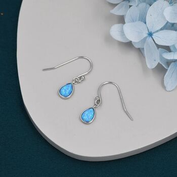 Blue Opal Droplet Drop Hook Earrings In Sterling Silver, 2 of 12