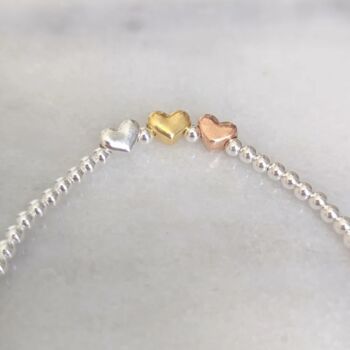 Sterling Silver Three Heart Beaded Stretch Bracelet, 6 of 7