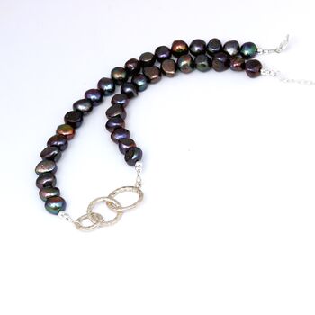 Statement Peacock Pearl Necklace With Three Silver Rings, 4 of 7