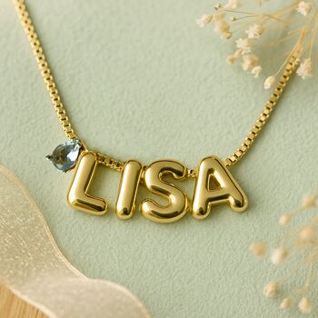 Personalised Name Necklace In Bubble Font With Birthstone, 8 of 12
