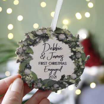 Wooden Engagement Wreath Christmas Tree Decoration, 4 of 9