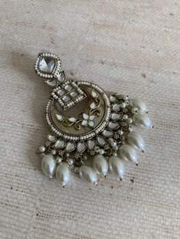 White Antique Gold Chand Bali Indian Earrings, 6 of 9