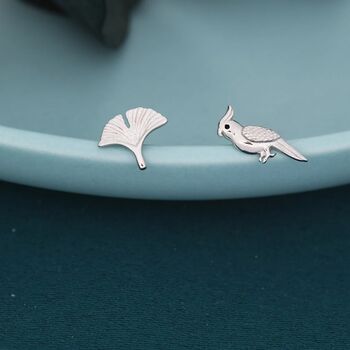 Sterling Silver Parrot And Ginkgo Leaf Stud Earrings, 3 of 8