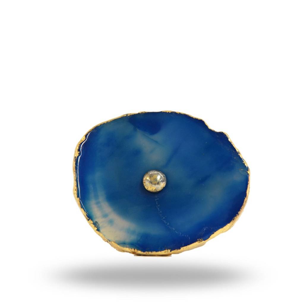 Set Of Six Blue Agate Knob With Gold Hardware