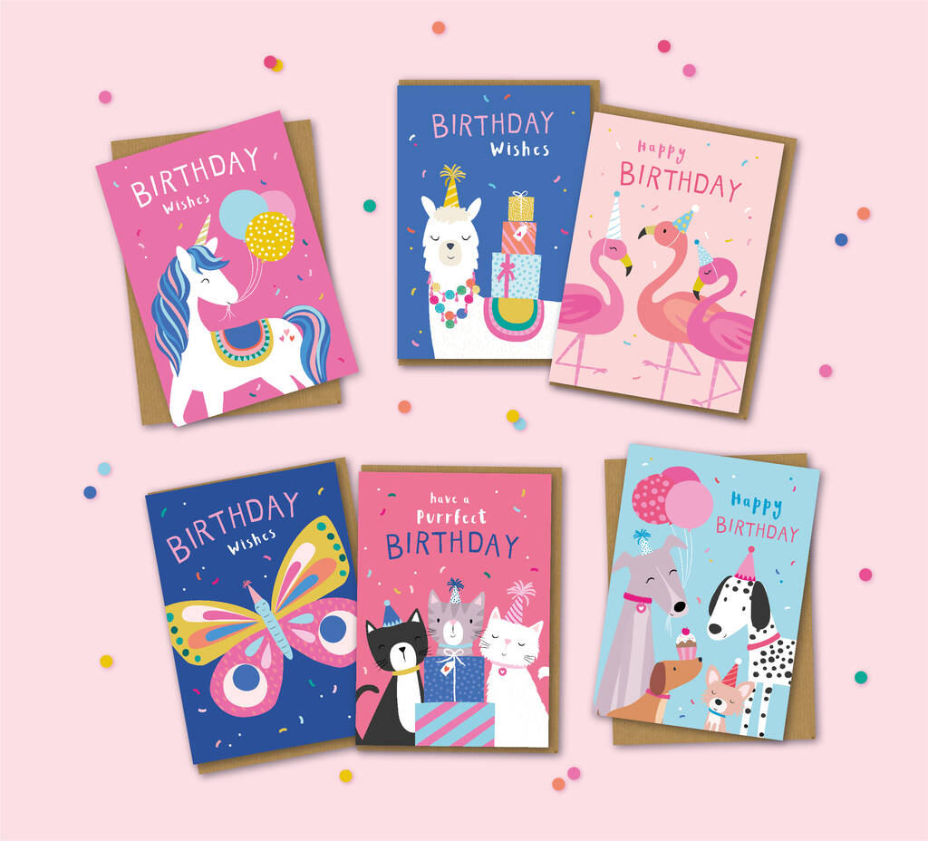 Girly Birthday Animals Multipack X6 Birthday Cards By Klara Hawkins