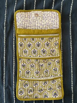 Quilted Block Print Toiletry Roll Up Pouch: Travel Kit, 4 of 12