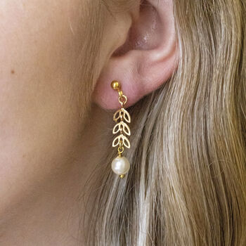 Delicate Leaf Outline Pearl Drop Earrings, 3 of 5