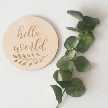 Wooden Baby Announcement Hello World Name Engraved Sign, 4 of 10
