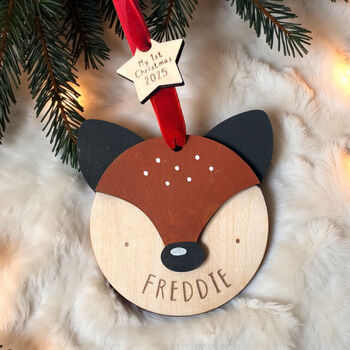 Hand Painted Personalised Wooden Fox Christmas Decoration – My First Christmas Bauble, 2 of 8