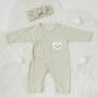 Personalised Light Sage Snow Bear Boucle Wrap Romper, thumbnail 1 of 4