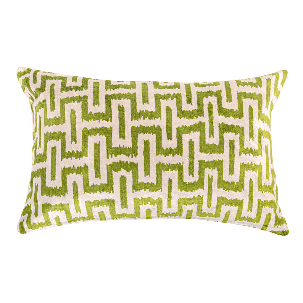 Green Silk Velvet Cushion Covers 2024 with Geometric Ikat Pattern | Front side is 100% Silk Velvet, Back side is Soft Green Fabric, OEKO-TEX®