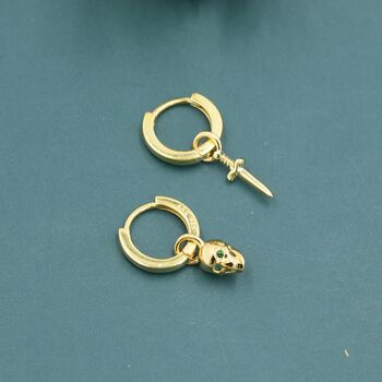 Mismatched Skull And Sword Huggie Hoop Earrings In Sterling Silver, 5 of 11