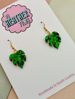 Green Glitter Monstera Leaf Resin Earrings / Crazy Plant Lady Gift / Tropical Leaf Statement Earrings, 2 of 5