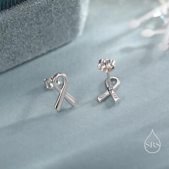 Sterling Silver Pink Ribbon Stud Earrings, 2 of 12