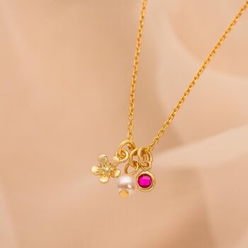 Micro Flower, Pearl And Birthstone Charm Necklace, 3 of 10