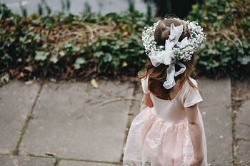 Girls Peach Lace Flower Girl Party Dress, 7 of 8