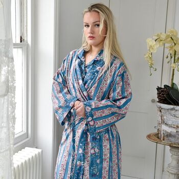 Block Printed Blue And Pink Floral Stripe Cotton Dressing Gown, 3 of 4