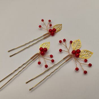 Red Berry And Gold Leaf Christmas Hair Pin Set – 3pcs, 10 of 12